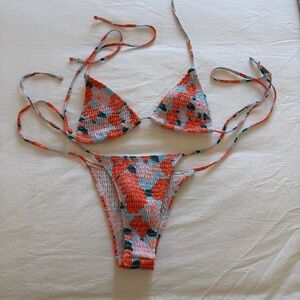 Smocked Triangle Bikini Set in Coral, Pink & Teal